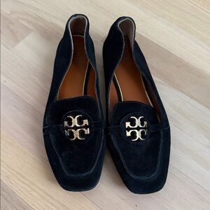 Tory Burch Black Suede Flats with Gold Emblem